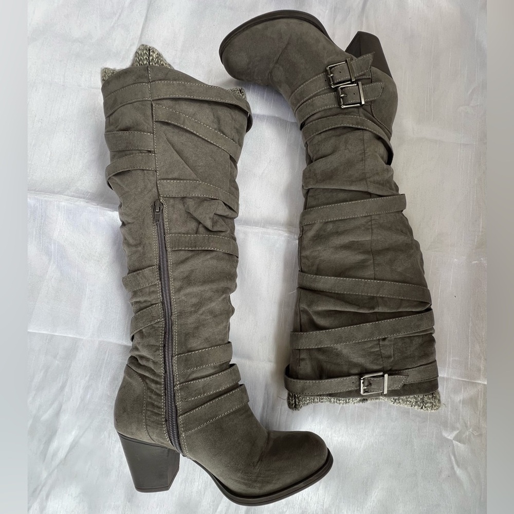 VEGAN LEATHER Slouchy Tall Grey Zip Up BUCKLE DETAIL PIRATE BOOTS JustFab Sz 7.5